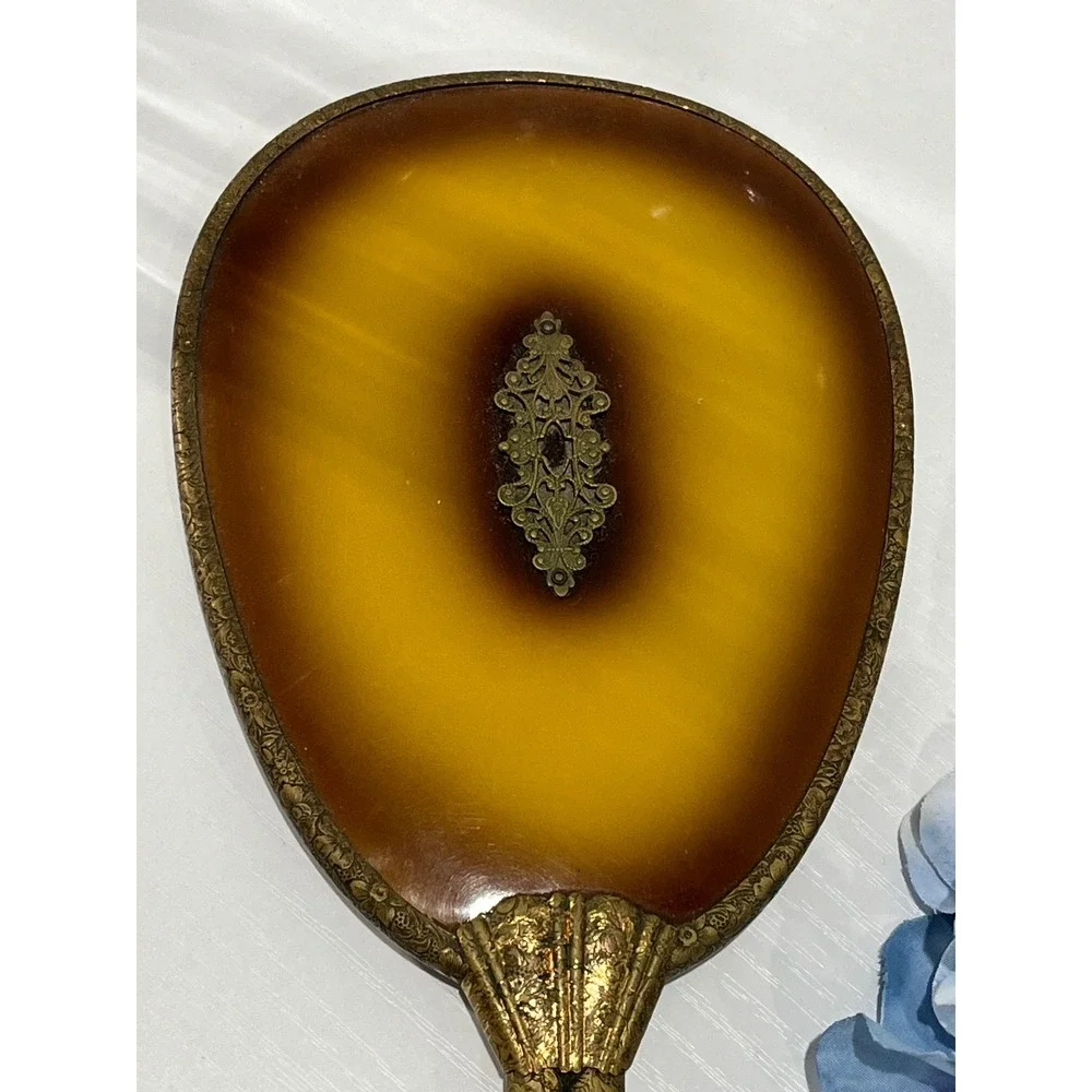 Antique Handheld Vanity Mirror Agate Inlay‎ Ornate Handle Decorative Vanity